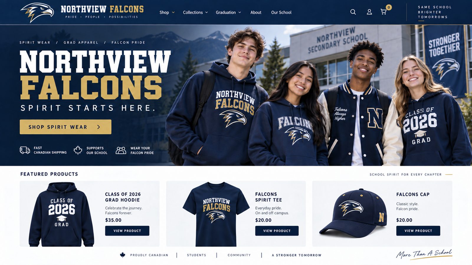 Northview Falcons school spirit store: hero banner with students in Falcons hoodies and tees, plus featured grad hoodie, spirit tee and cap