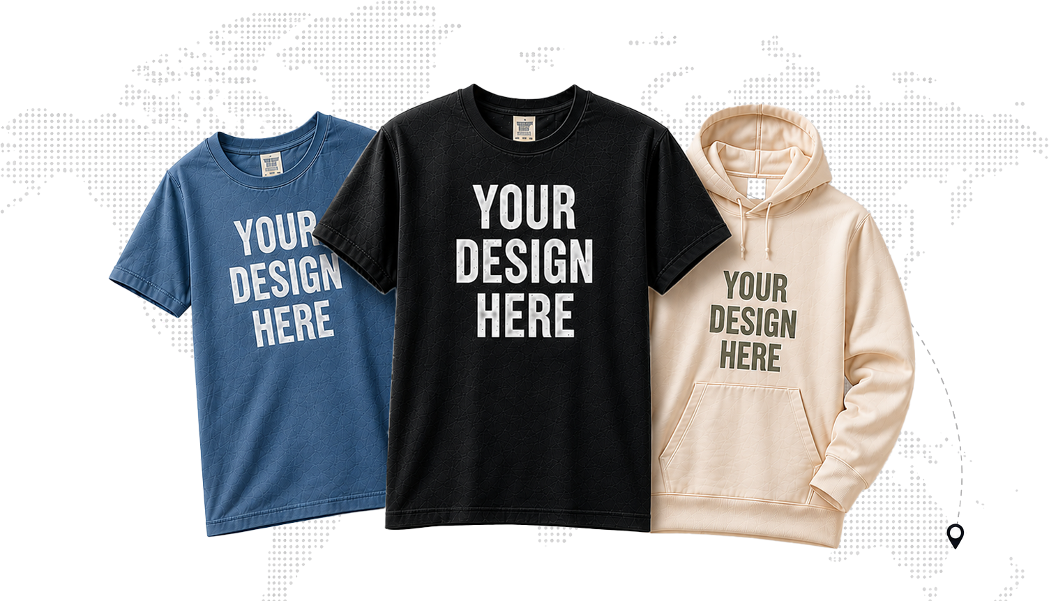 Worldwide print-on-demand fulfillment — t-shirt, hoodie and cap shipped globally